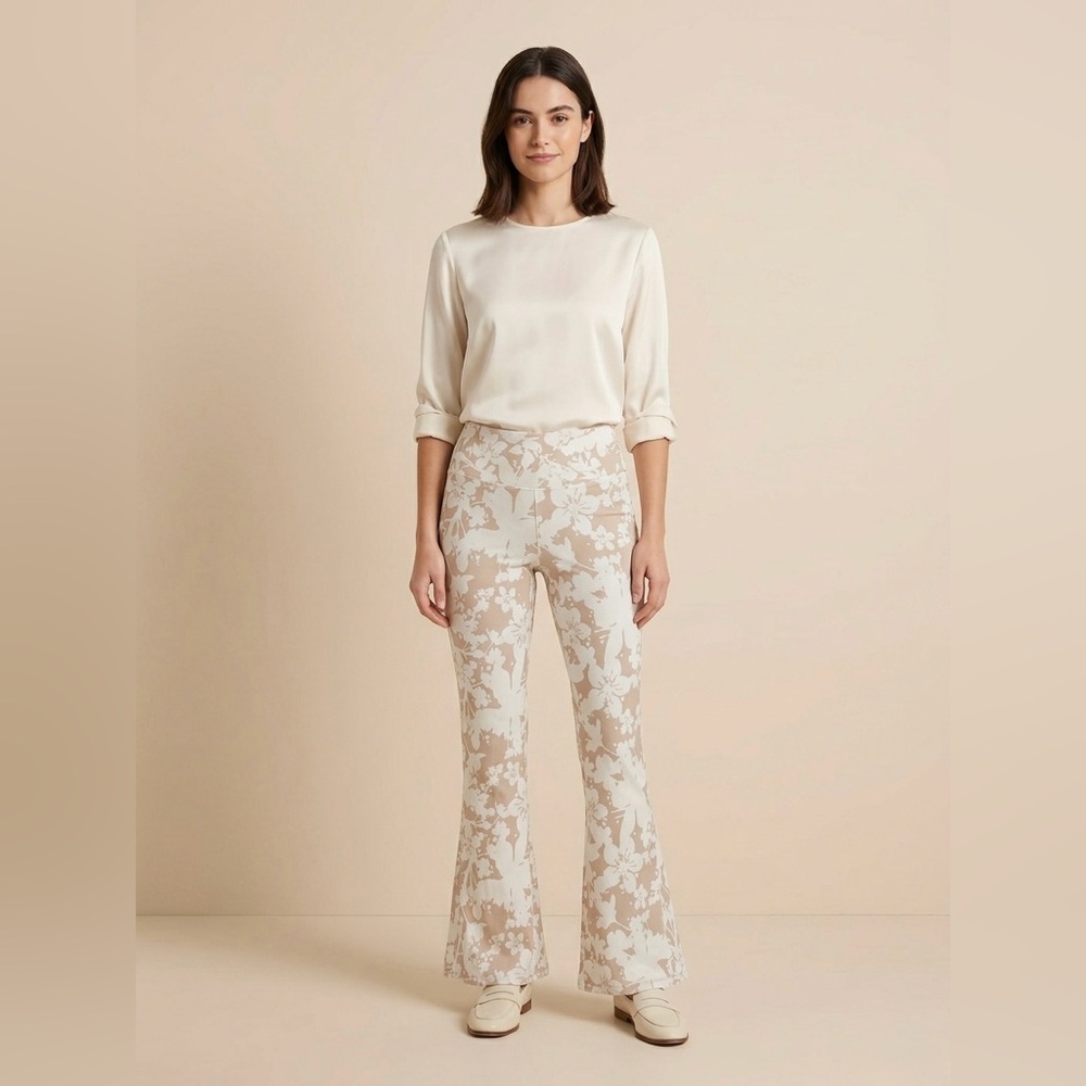aerie Beige & White Floral Flare Pants